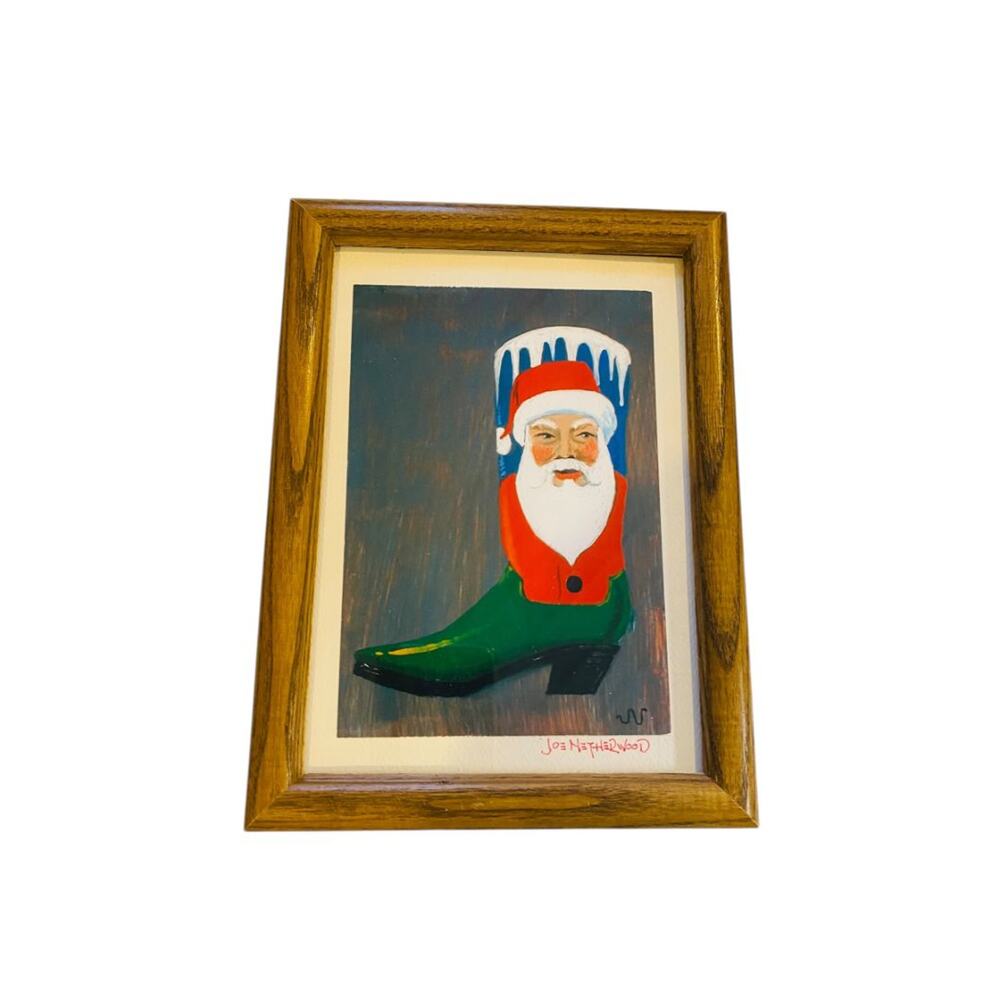 Signed Joe Netherwood Print Framed Cowboy Boot Santa Christmas 8" x 6"